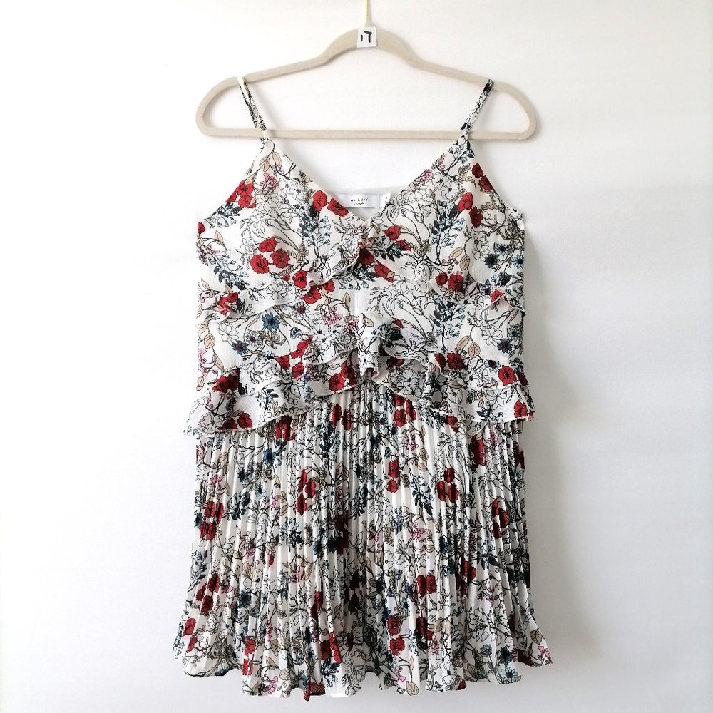 Ali & Jay Los Angeles Womens White V-Neck Floral Ruffle Pleated Mini Dress Sz M